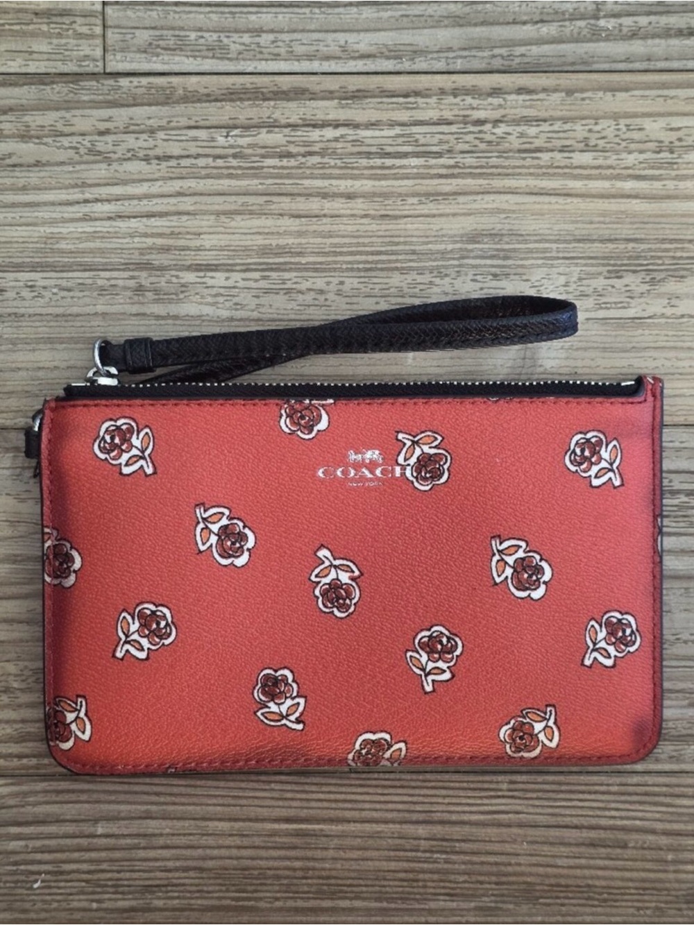 Coach Red Floral Wristlet with Black Strap